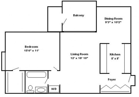 Floor plan for 1 bed, 1 bath, 900 sqft